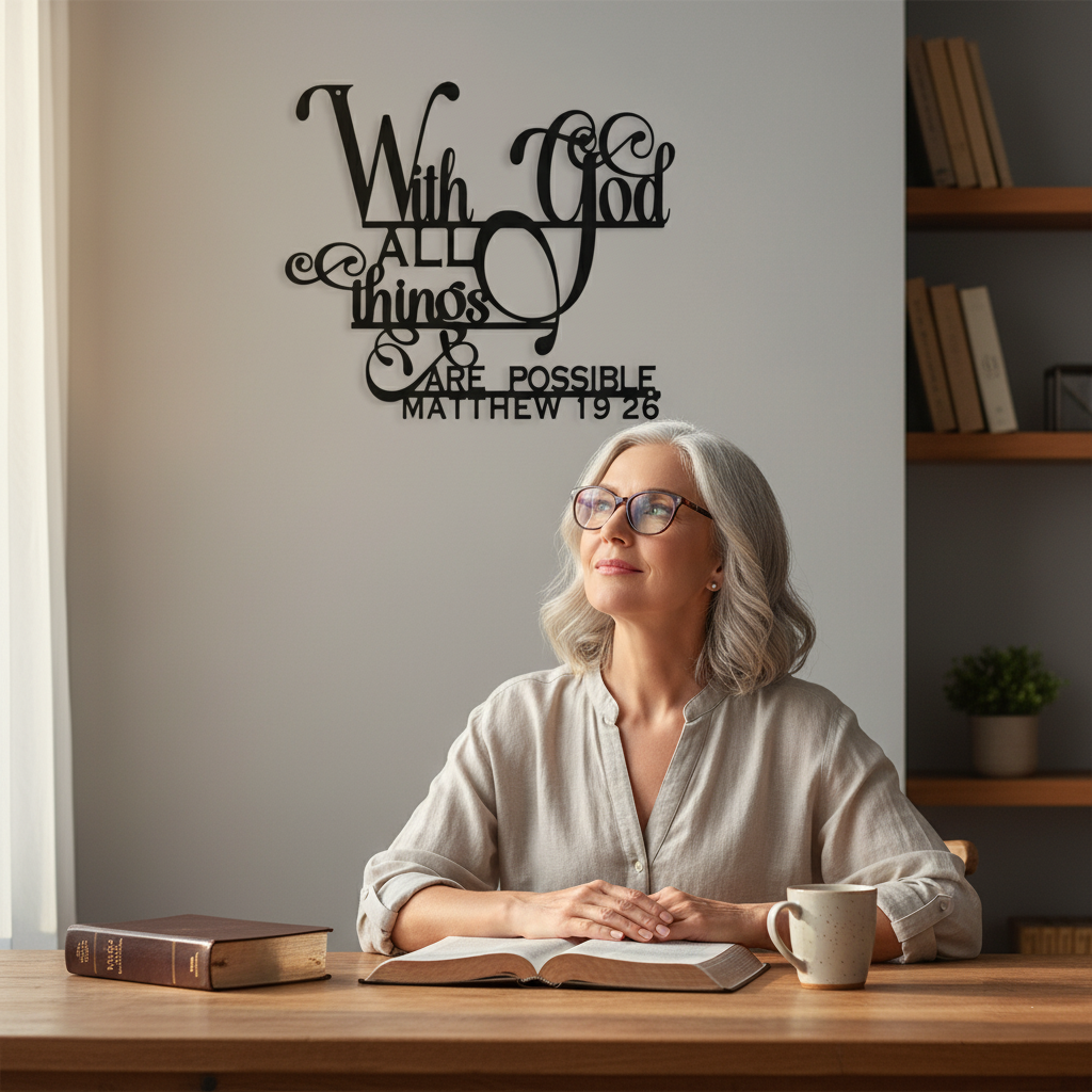 "With God All Things Are Possible" Metal Wall Art | Matthew 19:26 Scripture Sign | Elegant Christian Home Decor