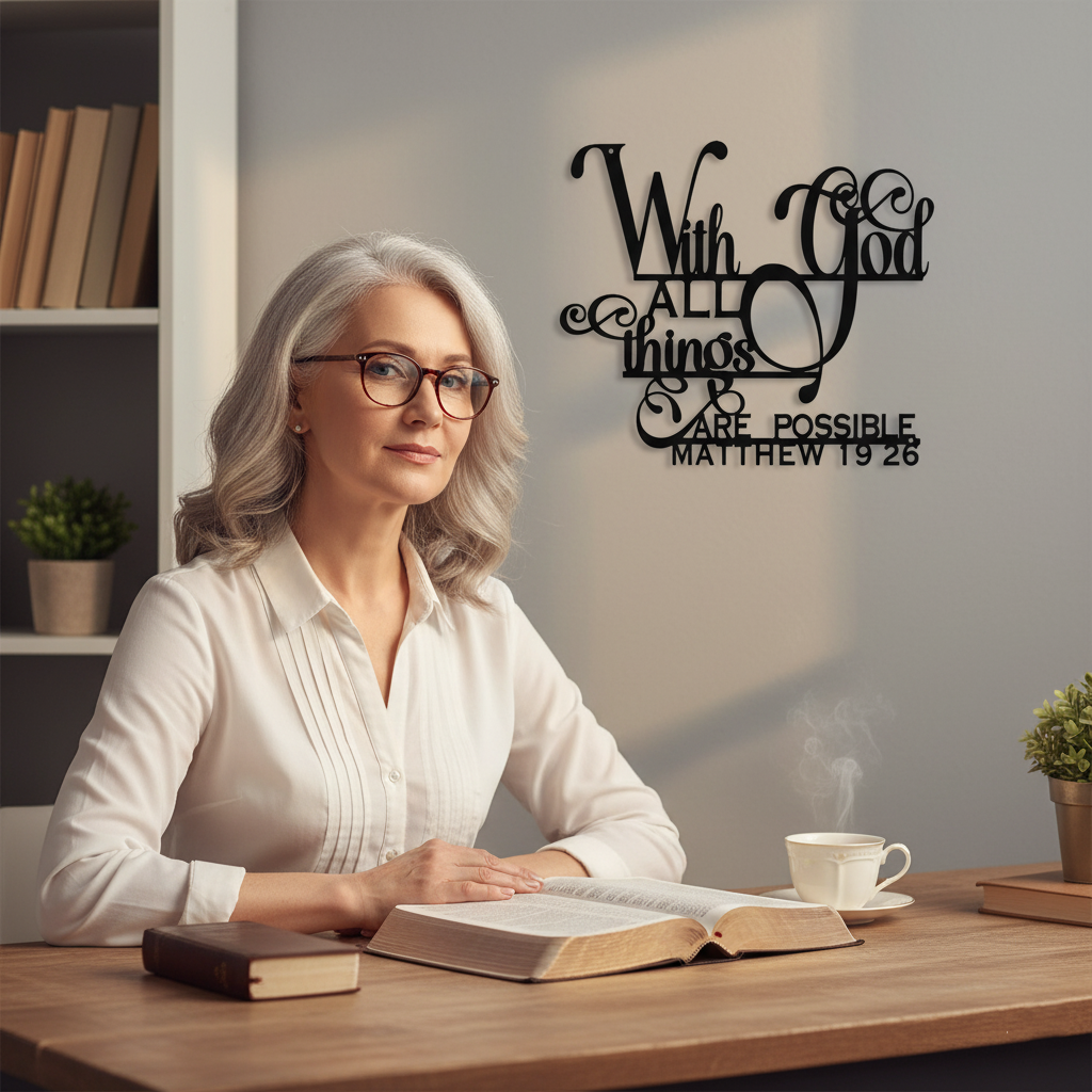 "With God All Things Are Possible" Metal Wall Art | Matthew 19:26 Scripture Sign | Elegant Christian Home Decor