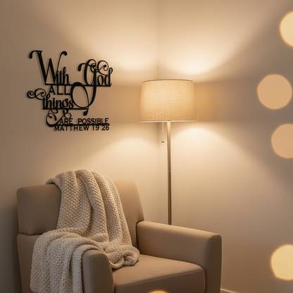 "With God All Things Are Possible" Metal Wall Art | Matthew 19:26 Scripture Sign | Elegant Christian Home Decor