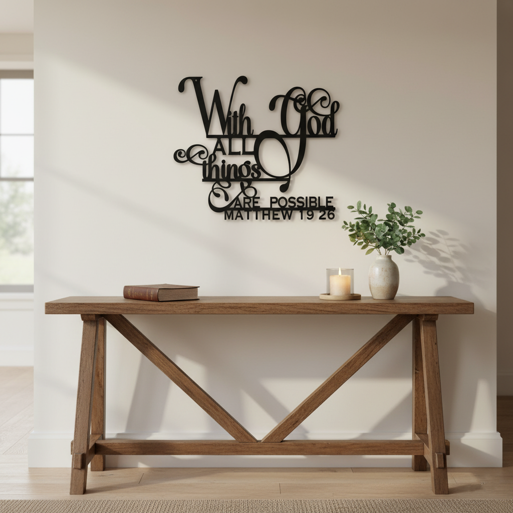 "With God All Things Are Possible" Metal Wall Art | Matthew 19:26 Scripture Sign | Elegant Christian Home Decor