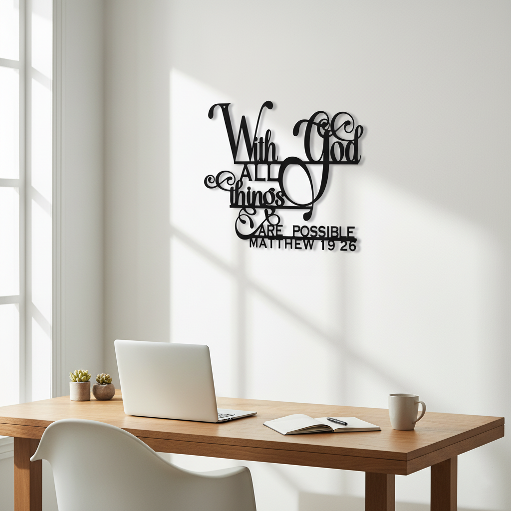 "With God All Things Are Possible" Metal Wall Art | Matthew 19:26 Scripture Sign | Elegant Christian Home Decor