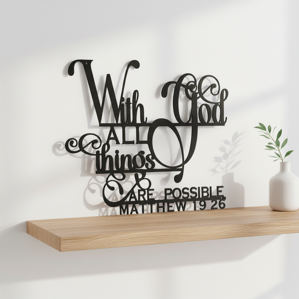 "With God All Things Are Possible" Metal Wall Art | Matthew 19:26 Scripture Sign | Elegant Christian Home Decor