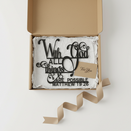 "With God All Things Are Possible" Metal Wall Art | Matthew 19:26 Scripture Sign | Elegant Christian Home Decor